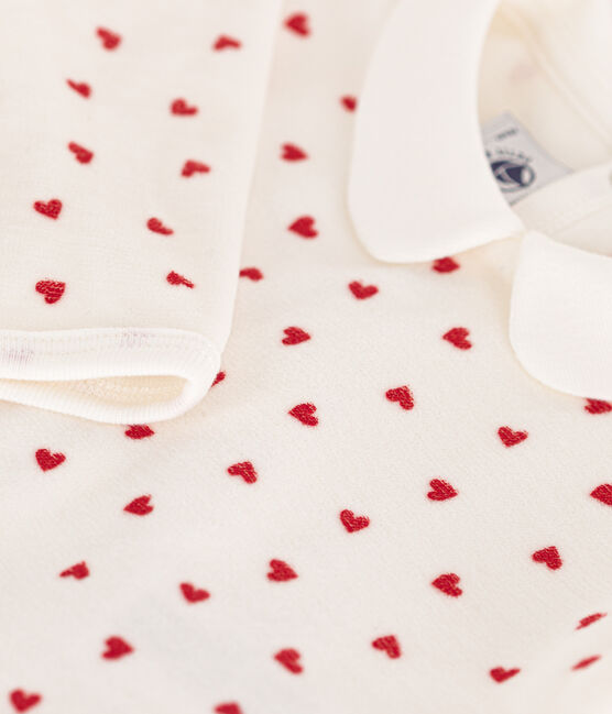Fluwelen babypyjama met hartjesprint wit MARSHMALLOW/rood TERKUIT