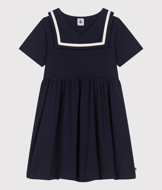 Effen katoenen kinderjurk met korte mouw blauw SMOKING