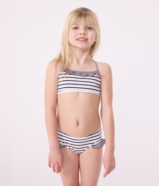 Gestreept tweedelig badpak voor kinderen wit MARSHMALLOW/blauw MEDIEVAL