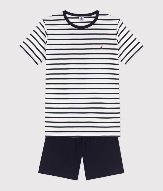 Geribde pyjama met marinièrestrepen uniseks wit MARSHMALLOW/blauw SMOKING