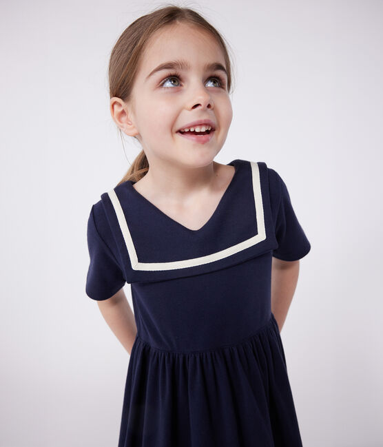 Effen katoenen kinderjurk met korte mouw blauw SMOKING