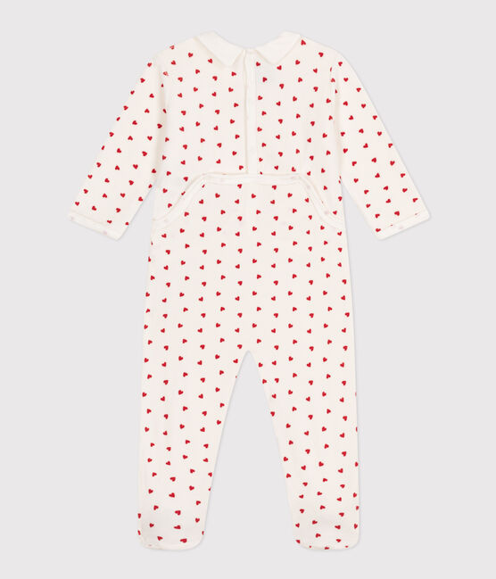 Fluwelen babypyjama met hartjesprint wit MARSHMALLOW/rood TERKUIT