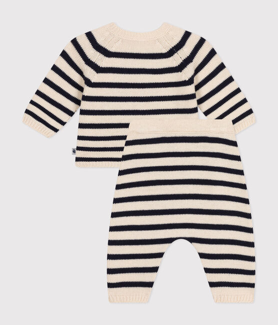 Ensemble en tricot laine et coton rayure marinière bébé blanc AVALANCHE/bleu SMOKING